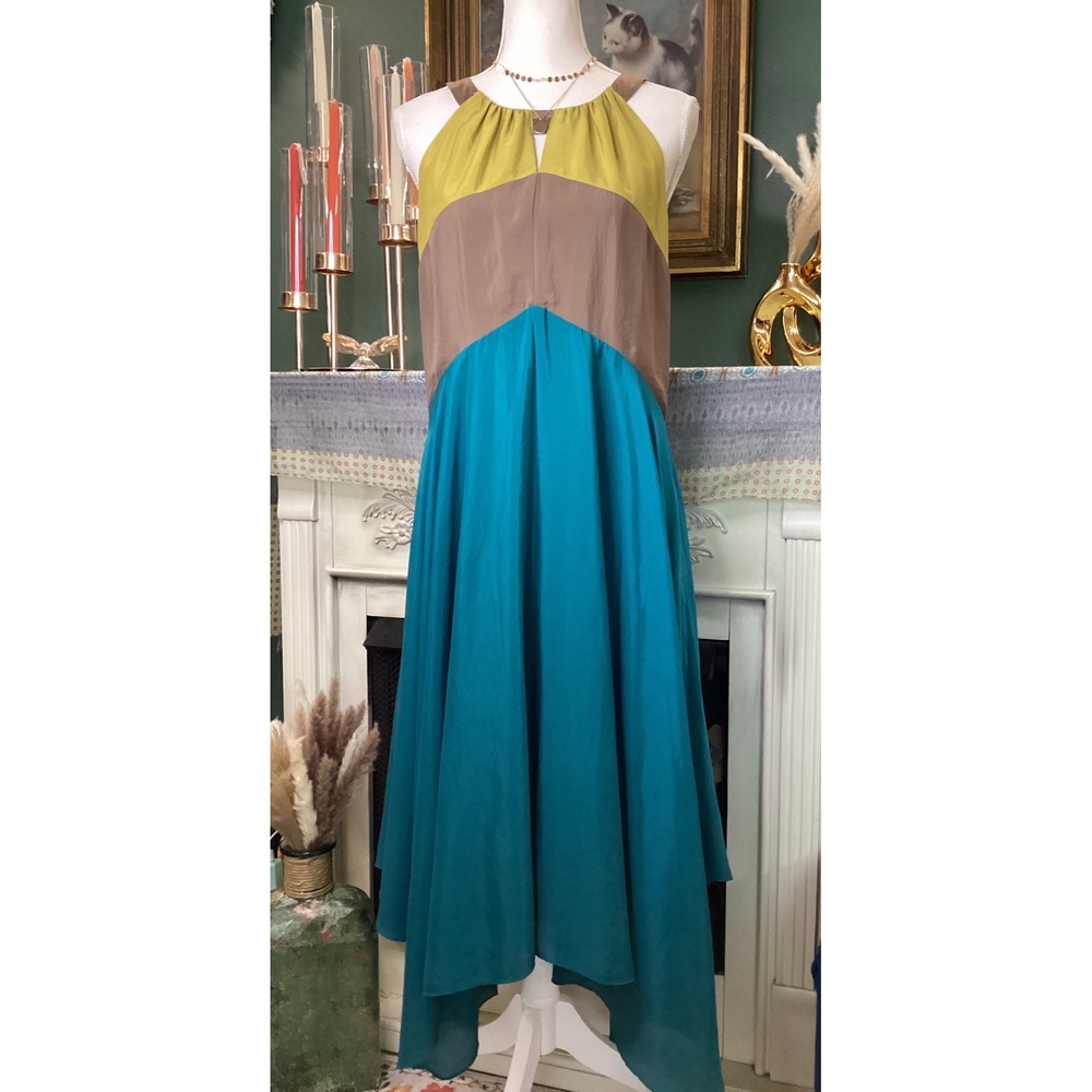 Vince Camuto Womens Colorblock Halter‎ Handkerchief Hem Midi Dress Teal Green 14